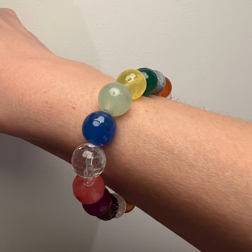 Semiprecious gemstone rainbow round bead chunky bauble beaded stacking bracelet - Picture 15 of 17